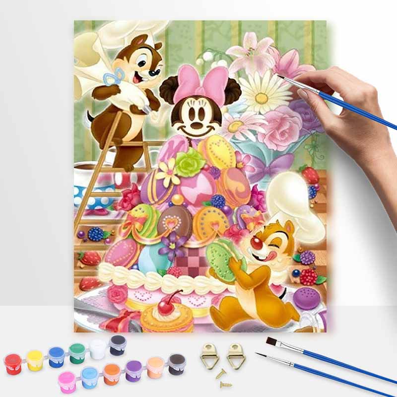 Disney oil painting Minnie Mouse and Chip 'n Dale macaron dessert art handmade diy painting home decoration gift