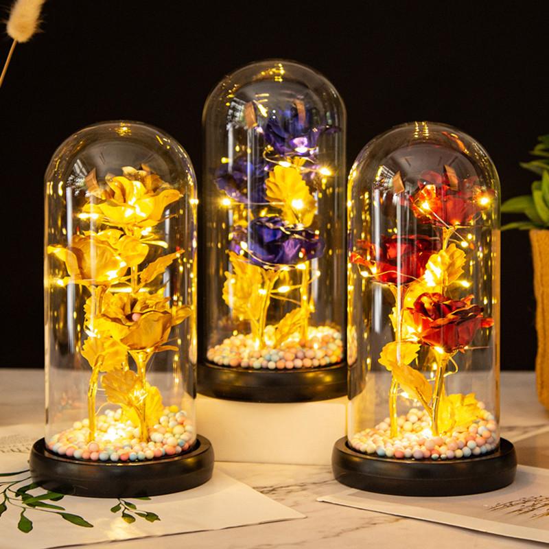 Three glass cover gold foil flower ornament, mother's Valentine's Day gift, luminous LED rose simulation bouquet