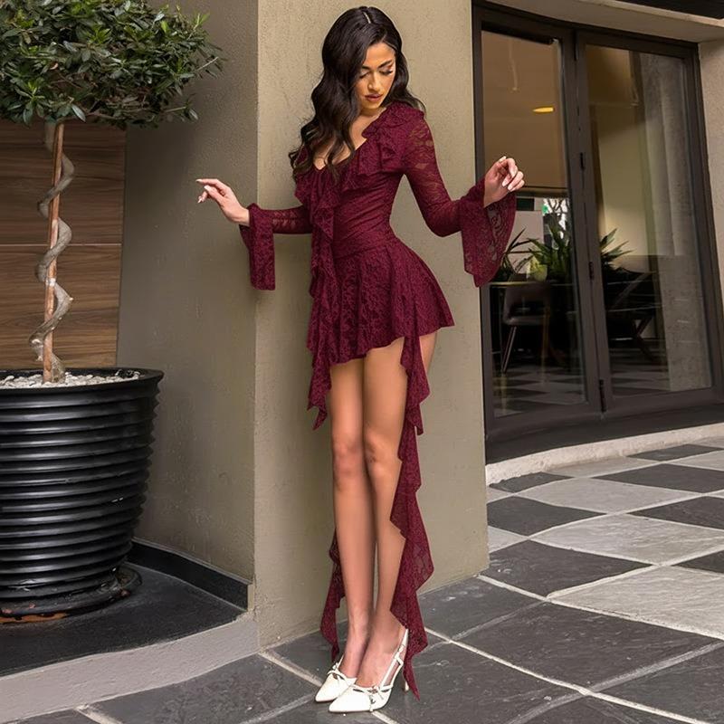 Women S Sexy Lace Deep V Neck Ruffle Slimming Evening Dress