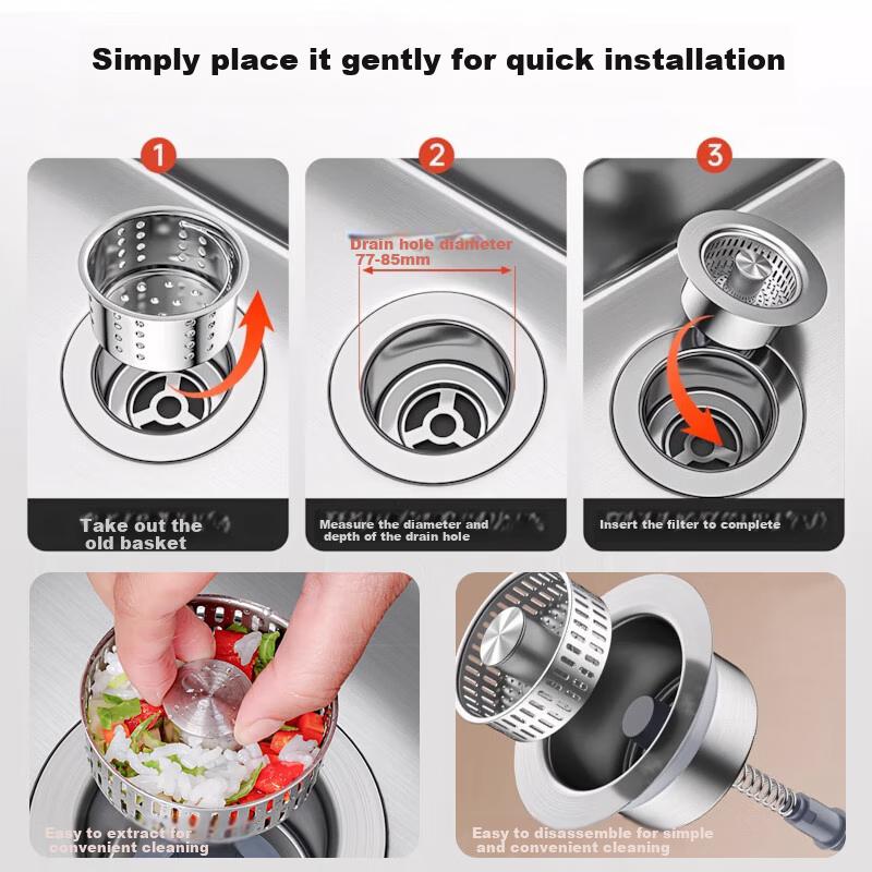 Jinghuisichuang Stainless Steel Sink Strainer, Kitchen Sink Pop-Up Core, Vegetable Washing Basin Drain Stopper, Sewer Anti-Clog Device