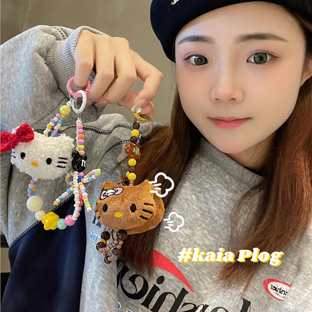 Sanrio Colorful Beaded Keychain Hello Kitty Kawaii Cartoon Plush Phone Strap Wrist Strap Backpack Hanging Decoration Gifts