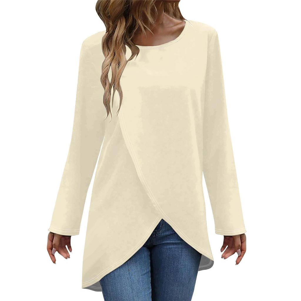 Женская модная повседневная однотонная футболка с длинным рукавом и круглым вырезом с перекрестным подолом, топ