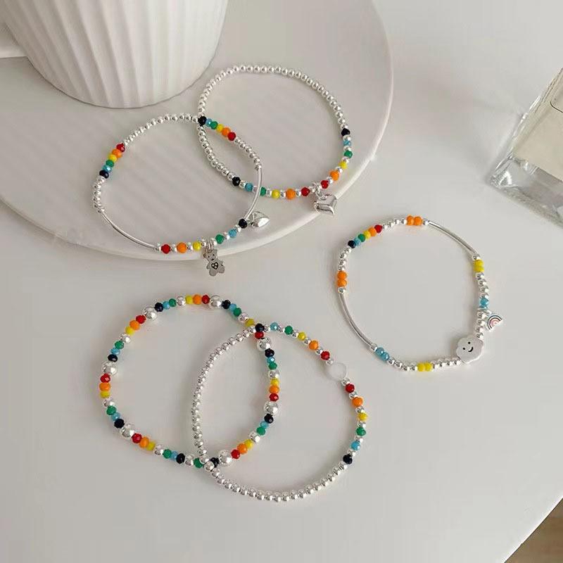 925 Silver Rainbow Beaded Bracelet Cute Little Bear Cloud Bracelet Women's Vintage Fashion Handwear Temperament Jewelry