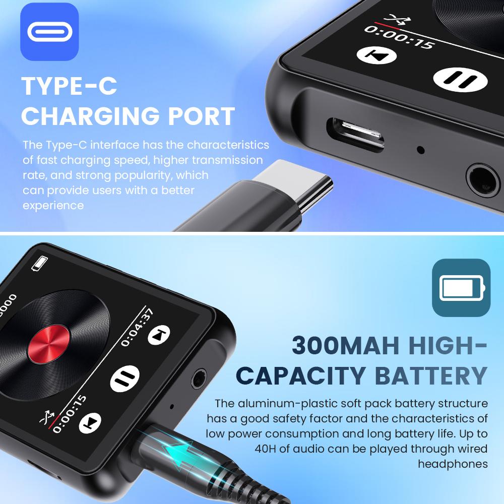 2,4-дюймовый MP3-плеер с экраном высокой четкости, полностью сенсорный экран, звук без потерь, BT-плеер с динамиком, поддержка будильника, радио