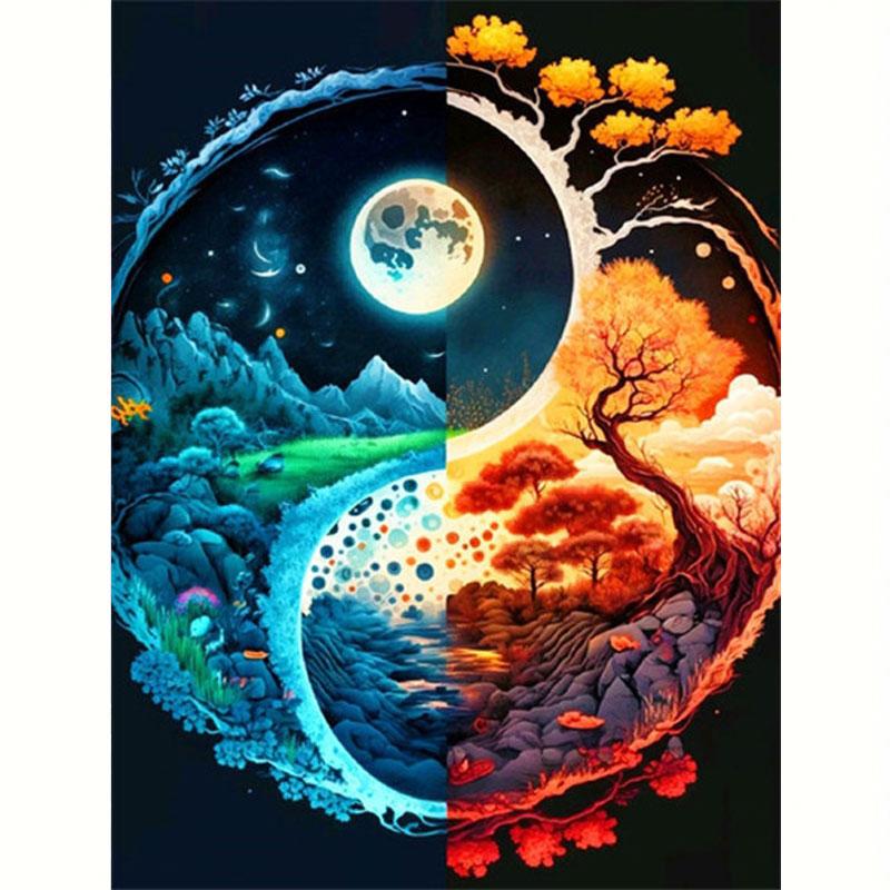 5D Diy Diamond Painting Moon And Tree Full Round Diamond Landscape Handmade Home Decoration 30x40cm/12x16inch