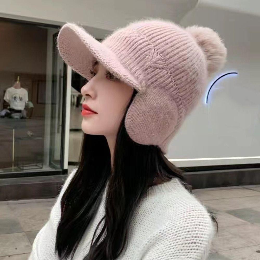Solid Color Earflaps Hat Windproof Knitted Baseball Hat Fashion Plush Peaked Cap  Ladies