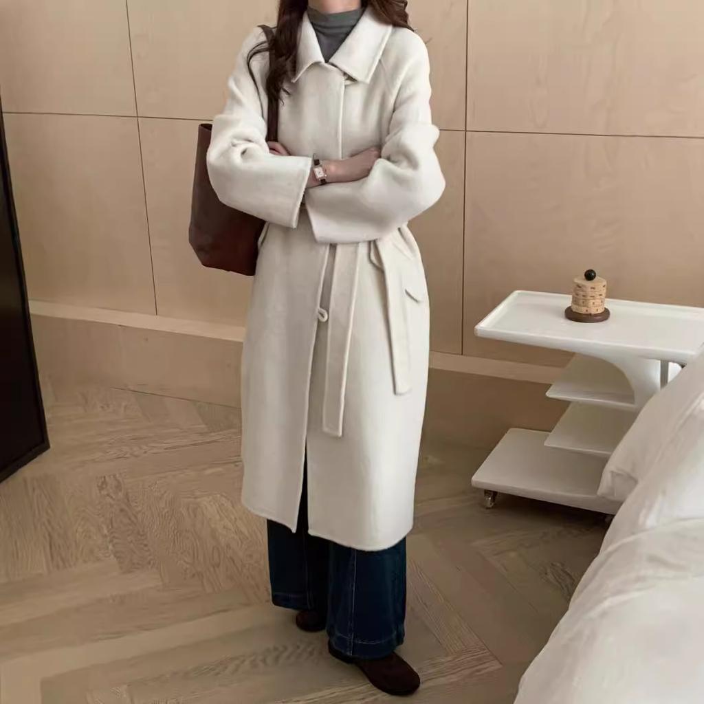 Baby Doll Collar Single-breasted Double-sided Wool Coat for Women Long Plate Buttoned Off Shoulder Sleeves Double-sided Cashmere Plus