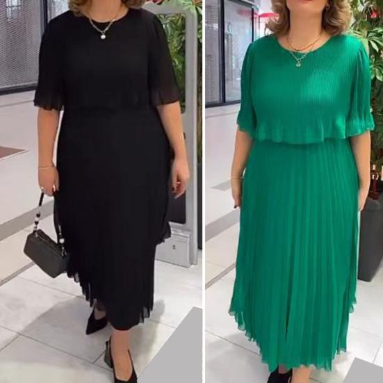 Женское летнее платье с короткими рукавами и круглым вырезом плюс размер, двойные слои, плиссированные, нерегулярный подол, шифоновое дышащее мягкое повседневное платье для вечеринок, повседневное платье макси