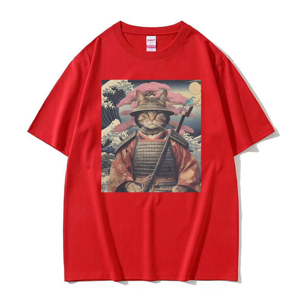 Cat Samurai Pattern T Shirt For Unisex Trendy Animal 3D Printed Tees Casual Short Sleeve Oversized Street TShirts Round Neck Tops