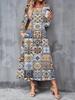 2025 Осень и Зима Новое Женское Повседневное Модное Платье 3D Ретро Принт с Узором Длинный Рукав V-образный Вырез А-силуэт Платья