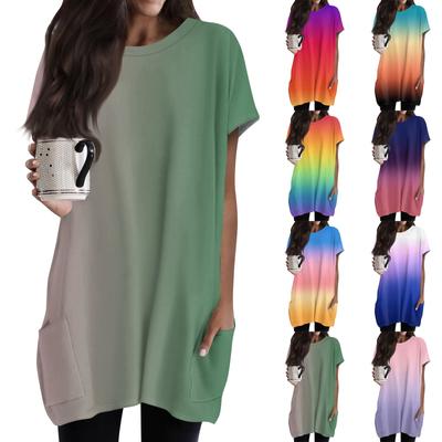 Женская модная повседневная футболка с коротким рукавом и круглым вырезом с принтом и двумя карманами