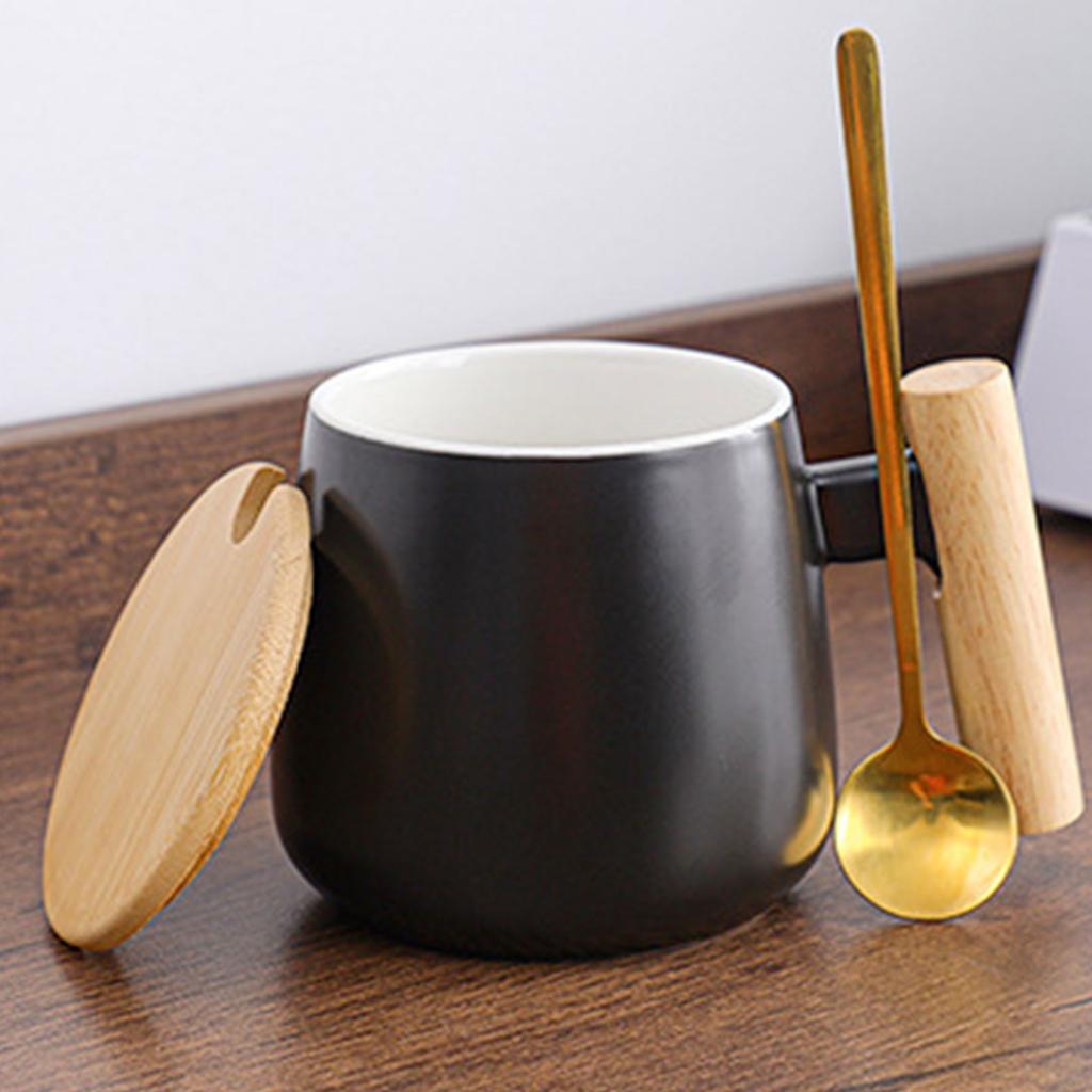 Ceramic Mug Set With Wooden Handle (cup + Lid + Spoon)