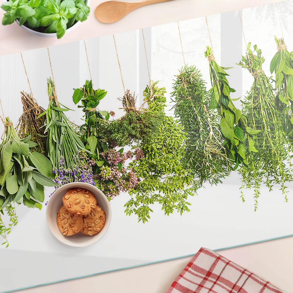 Glass Kitchen Serving Board with Herb String Graphics 80x52 cm