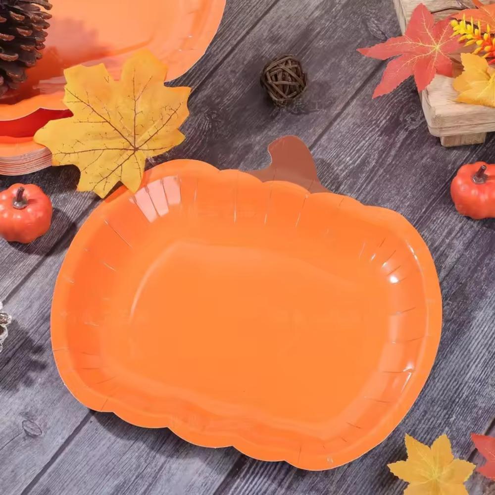 20pcs 7/9 Inch Halloween Disposable Pumpkin Plate Paper Dining Plates Party Serving Dish Salad