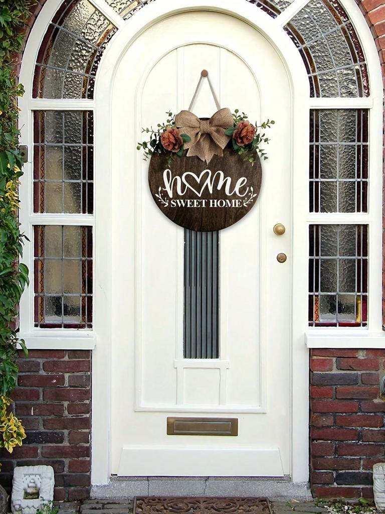 1 Piece Wooden Round Hello Welcome Wreath Sign Hanging Decorating Front Door, Farmhouse Porch Sign and Artificial Greenery