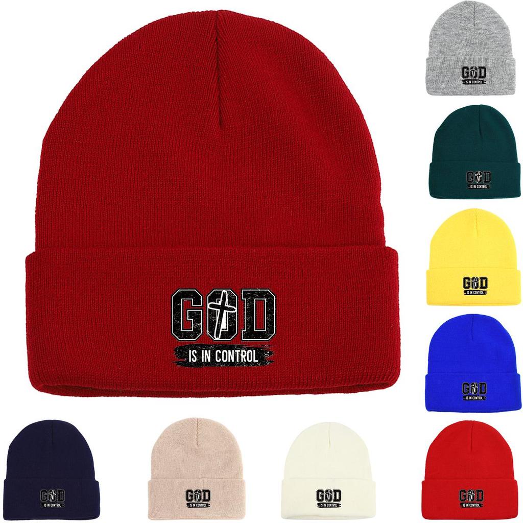 GOD IS IN CONTROL" Winter Knit Cap Beanie, Skull Cap Autumn Stretchable Solid Bobble Hat Knitted Hat Beanie