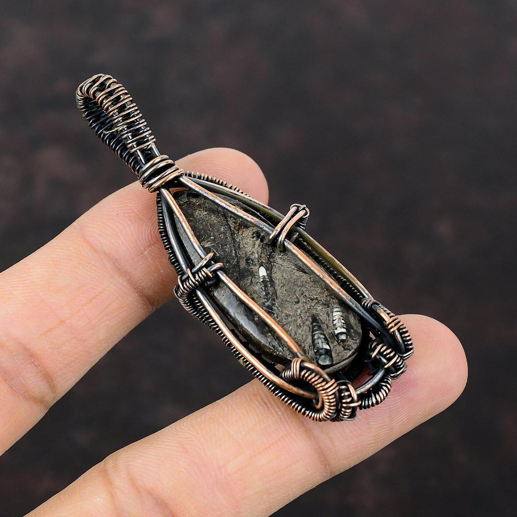 Подвеска Orthoceras Fossil, медная проволочная обертка, ювелирные изделия Orthoceras Fossil, подвеска ручной работы из драгоценных камней, уникальные медные ювелирные изделия, подарок для нее