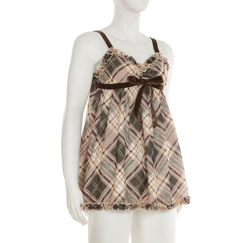 Женские милые тонкие подтяжки A Pendulum с V-образным вырезом в стиле девушки с деревянными ушками и ремешками в клетку с бантом