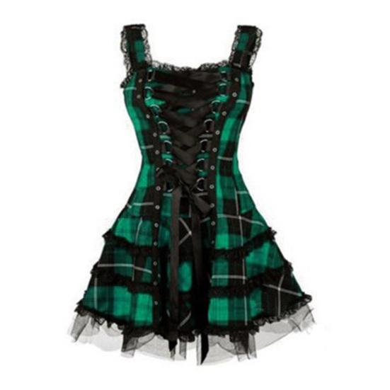 Steampunk Mini Medieval Dress for Women Plaid Renaissance Corset Lace Trim
