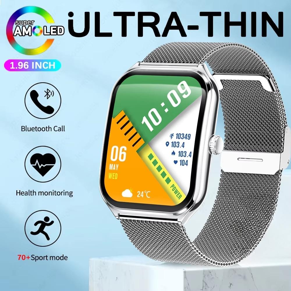2025 Новые 7,5 мм Ультратонкие Смарт-часы Мужские 1,96" AMOLED-экран Всегда Показывать Время Пульс Спорт Водонепроницаемые BT Звонок Смарт-часы
