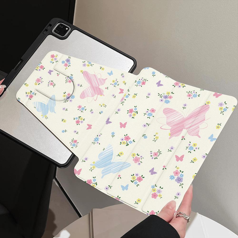 360° Rotatable TriFold for Samsung Galaxy Tab S9 S10 FE A9 A11 S7 S8 Plus Painted Cover Aesthetic Inner Printed Pink Tiny Flower