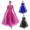 Womens Ballroom Competition Dress Glittery Rhinestones Floral Lace Long Sleeves Wide Flared Hemline Gown