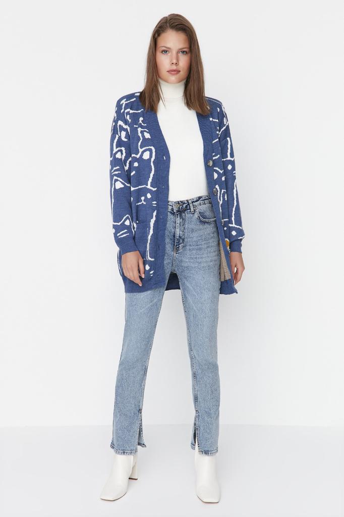 Женская мода, новый кардиган в хиджабе, трикотажный кардиган цвета индиго с животным рисунком