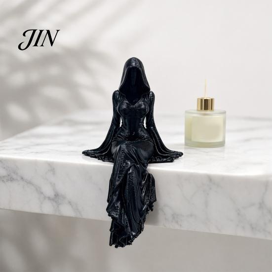 Detailed Sculpture Decor Black Robe Girl Ornament, Gothic Dark Style Figurine, Durable PLA Material Ornament Halloween Sitter Sculpture, for E-sports