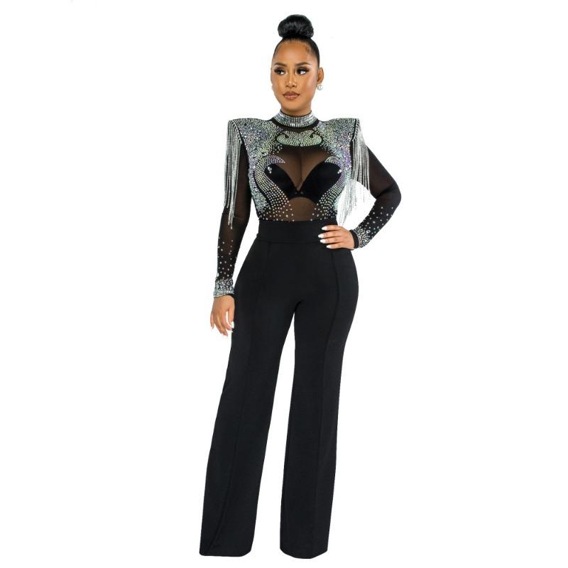 Women's Fashion Sexy Casual Slim High Neck See-through Hot Diamond Tassel Models Jumpsuit Women