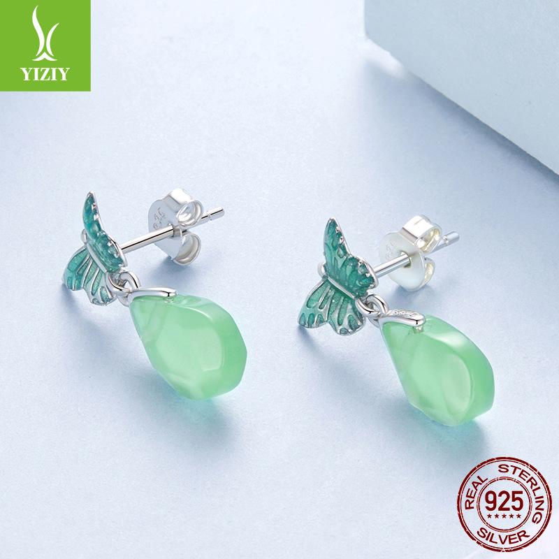 Small Fresh Green Butterfly Stud Earrings Female Smart Natural Wind S925 Sterling Silver Stud Earrings