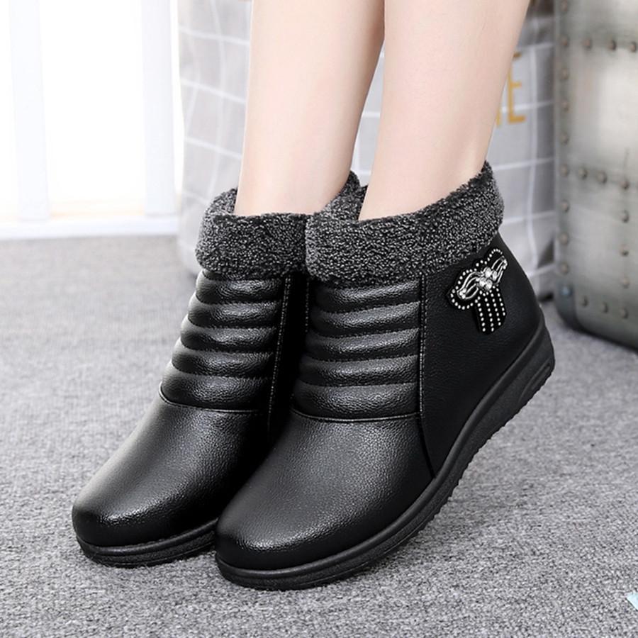 Winter Women's Ankle Boots Cotton-padded Plush Warm-keeping Leather Ladies Winter Boots Skid-proof Working Women Flat Boots