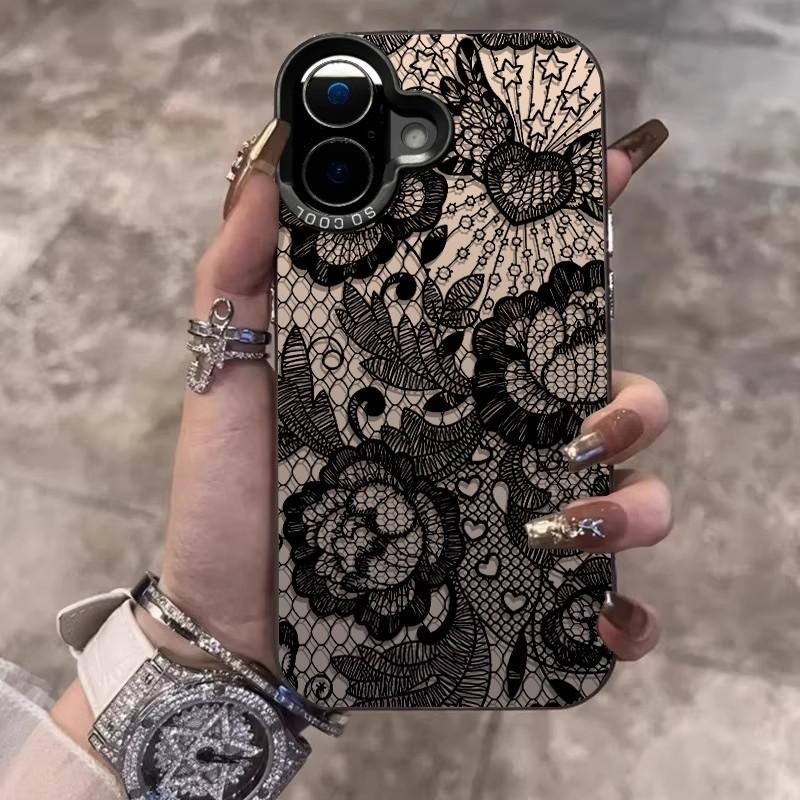 Черный чехол с кружевным узором для iPhone 17 16e 16 15 14 mini Pro Max X XR XSMAX 8 7 Air Plus Противоударный матовый чехол