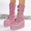 Fashion Bling Sequin Chunky Platform Motorcycle Boots Women Y2K Heart Buckle Punk Boots Woman 2024 Wedge Heels Mid Calf Botas Size 43