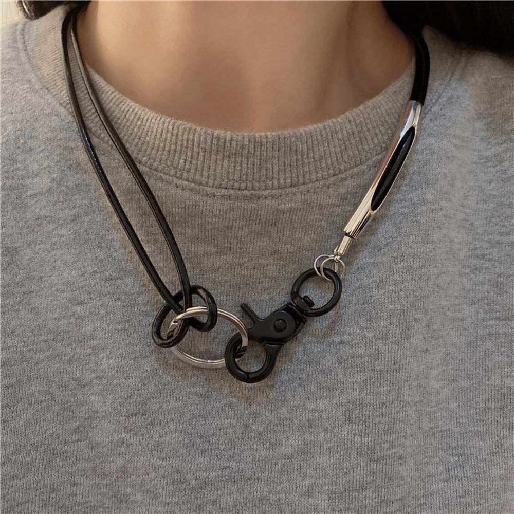 Metal Texture Leather Rope Necklace Korean Style Necklace Black Rope Necklace Female Necklace