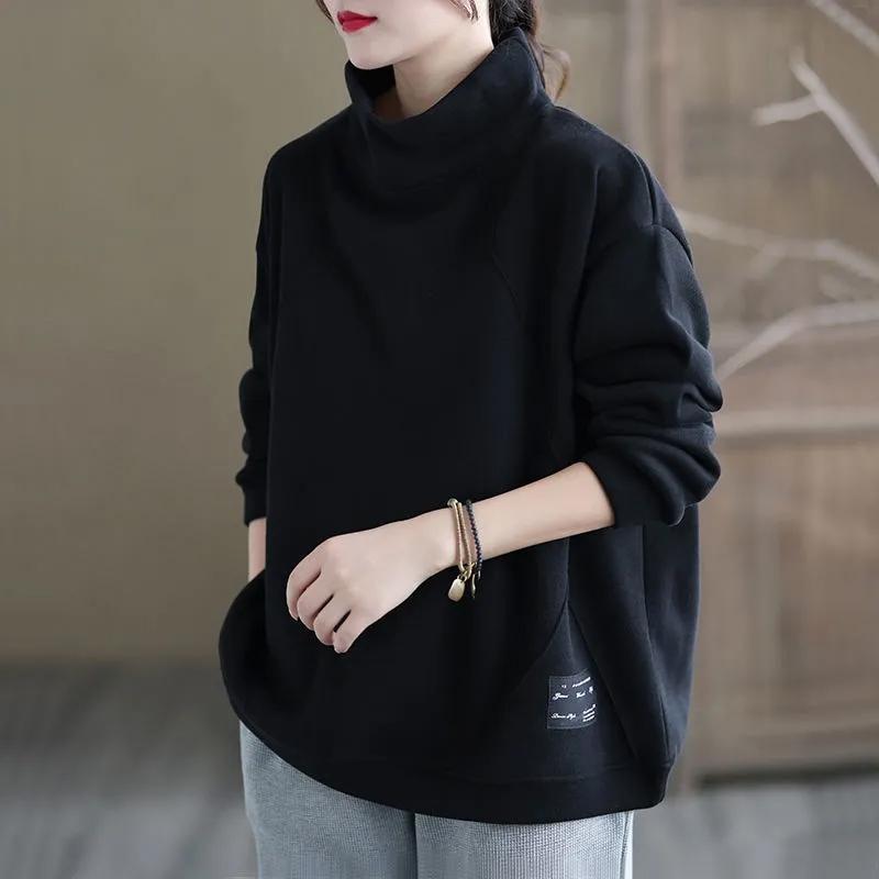 Свитшот для женщин из хлопка, свободного покроя, из флиса, утолщенный, удобный, с высоким воротом, повседневный, свитшот