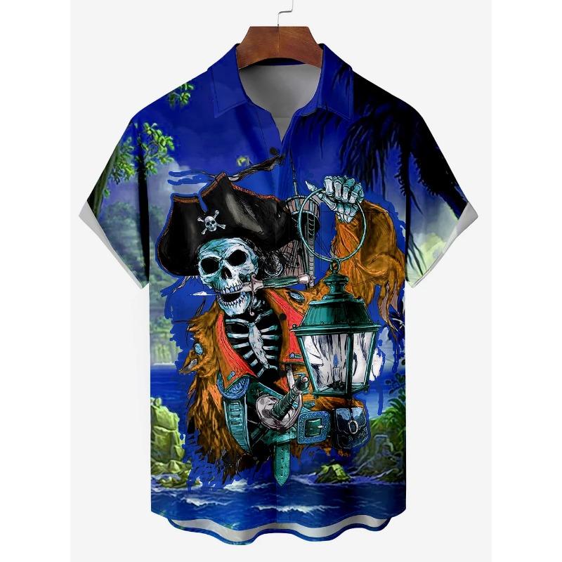 Мужская гавайская рубашка с рисунком скелета пирата капитана шторма парусного спорта с рисунком из мультфильма рубашка с коротким рукавом летние свободные пляжные рубашки для мальчика