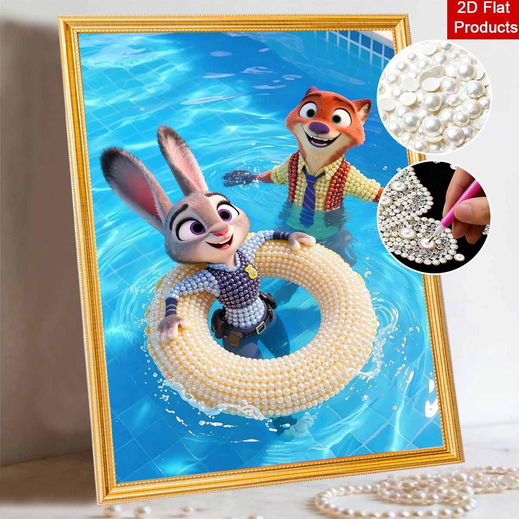 Disney Жемчужная живопись Джуди и Ник Игры у бассейна DIY Жемчужная живопись Искусство из драгоценных камней Жемчужная точечная живопись Картины-поделки Подарки для взрослых новичков Декор для дома
