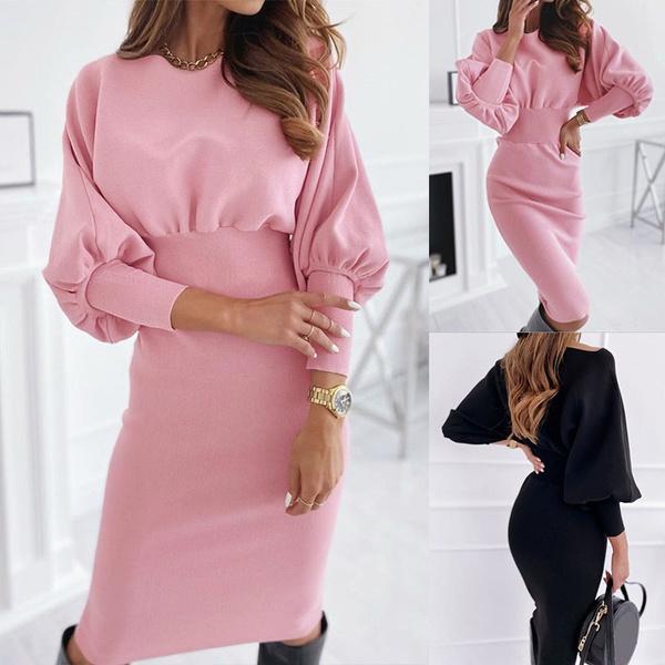 Элегантное женское платье миди с объемными рукавами и талией, однотонное платье на осень и зиму, Vestidos
