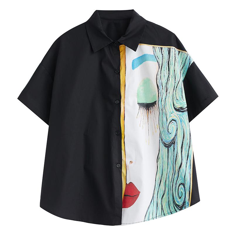 DIMANAF 2025 Плюс Размер Новая Женская Летняя Свободная Рубашка Короткий Рукав Винтажная Рубашка Повседневные Базовые Топы Футболки Печать