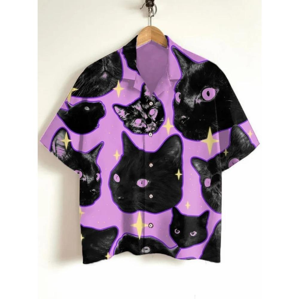 Мужские рубашки с рисунком кошек, рубашка с короткими рукавами и пуговицами на лацканах, летние свободные топы, повседневные гавайские рубашки для отпуска