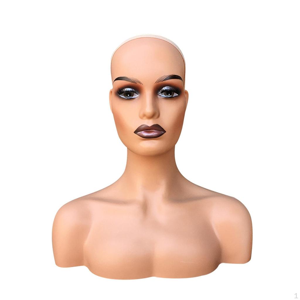 Female Bald Mannequin Head Manikin Wig Display Model with Shoulder for Glasses Earrings
