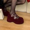 Fashion 2025 Spring Sheep Suede Platform  Jane Shoes Round Toe Crystal Belt Buckle Wedges Pumps Flat Platform Shoes