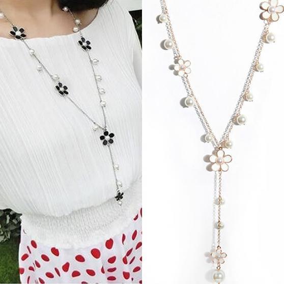 Women's Fashion Korean Style Faux Pearl Flowers Long Necklace Sweater Chain AVE