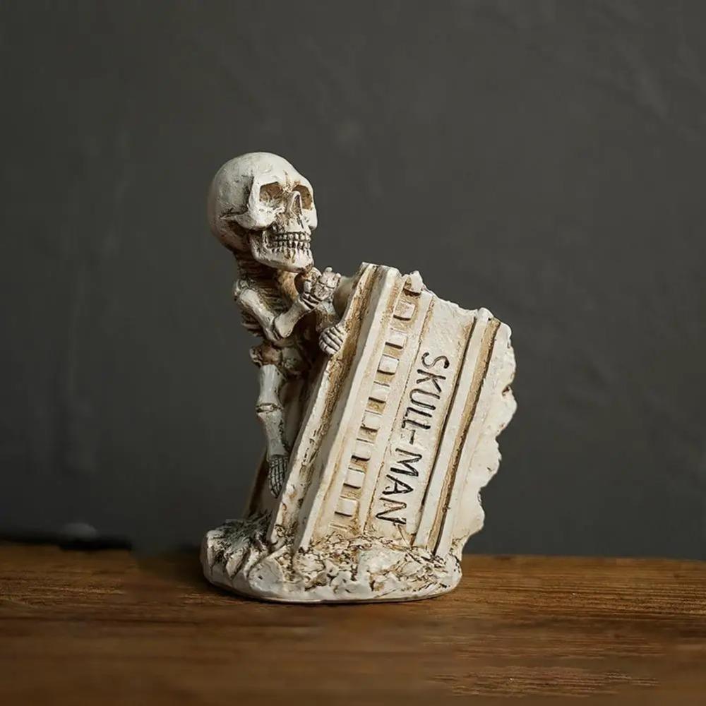 Resin Crafts Halloween Skull Pen Holder Scary Skeleton Statue Ornament Haunted House