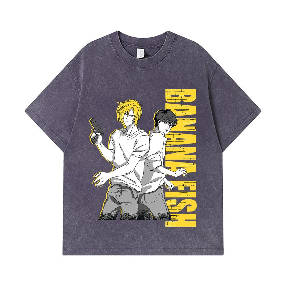 Стиранные футболки 275 г/м² 100% Хлопок Печать Banana Fish V1 Унисекс Тяжелая хлопковая футболка