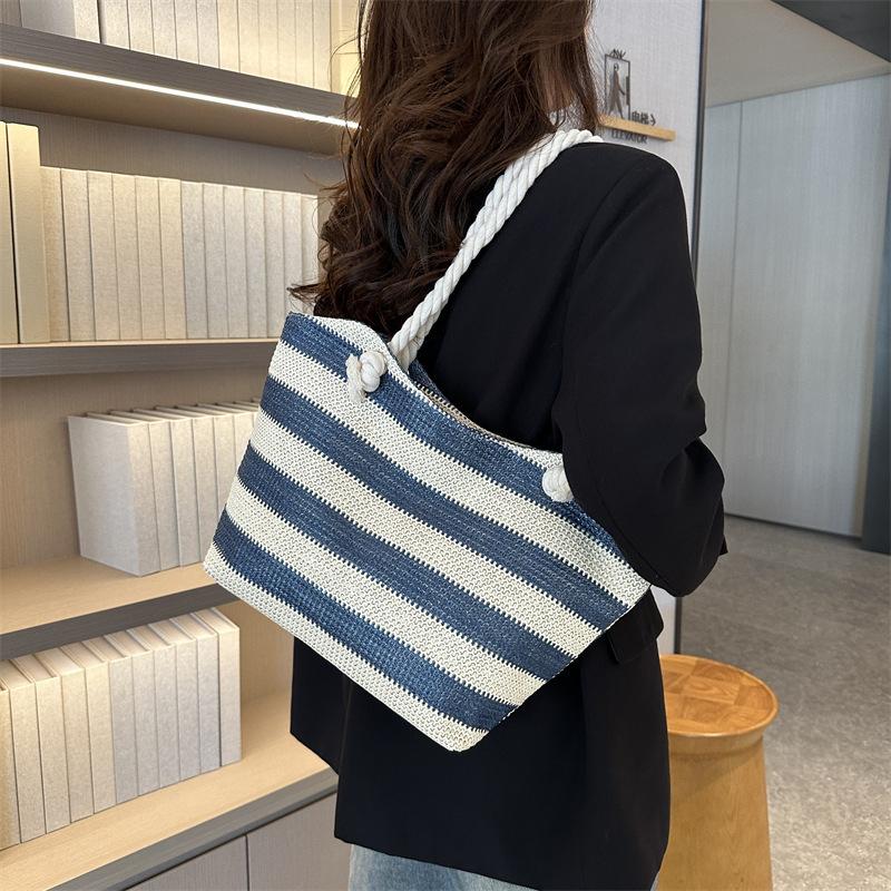 Yogodlns Женская тканая пляжная сумка большой емкости, полосатые сумки на молнии, соломенная сумка в стиле ретро, женская летняя повседневная сумка