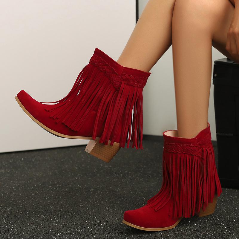 Autumn Winter Women Retro Tassel Ankle Boots Faux Suede High Heels Women Western Cowboy Fringe Booties Plus Size 46 Woman Shoes