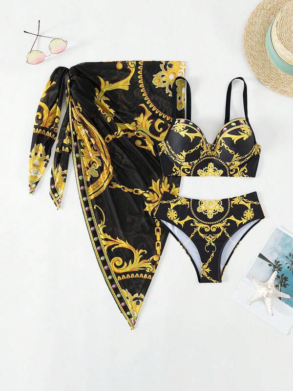 European and American fixed-plate printing three-piece swimsuit female sexy split triangular bikini mesh yarn holiday style