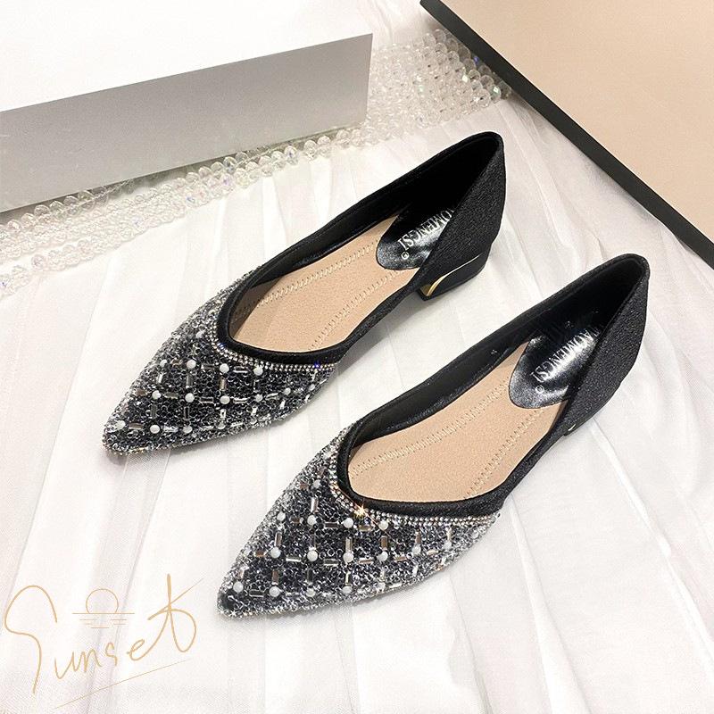 Французские туфли на высоком каблуке. Новые женские темпераментные туфли без шнуровки со стразами и блестками на толстом каблуке. Женская обувь большого размера 43