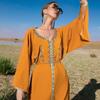 Middle Eastern Women's Clothes Solid Color V Neck Handmade Rhinestone Loose Shoulder One Sleeve Slim Fit Muslim Dress